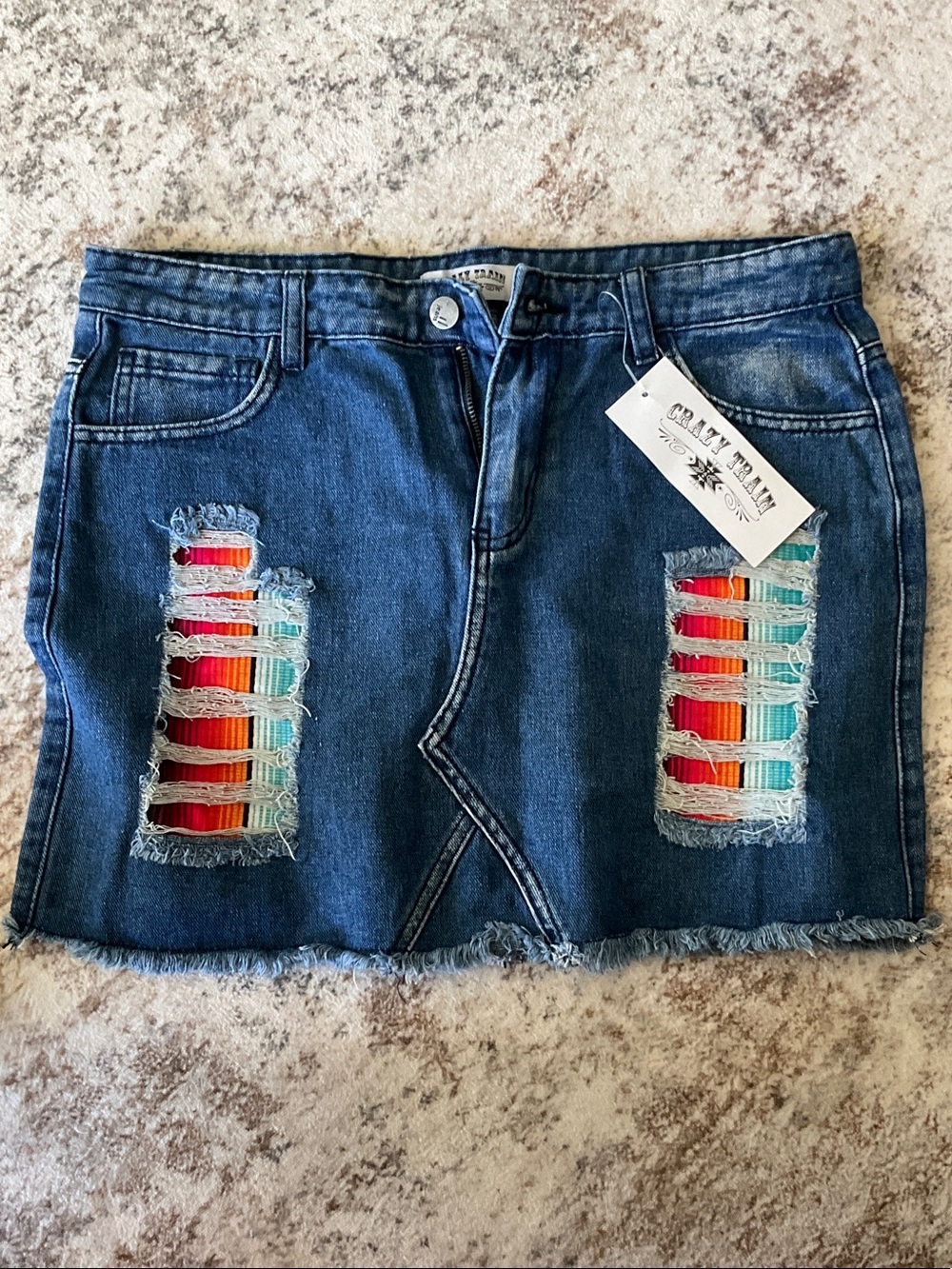 Crazy Train Women's Dark Blue Denim Skirt with Multicolor Embroidered Inserts